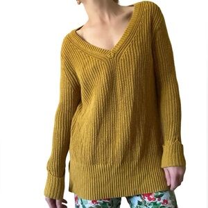 Ruby Moon Cotton Wool Blend Mustard Loose Knit Deep V-Neck Sweater Oversized Sml